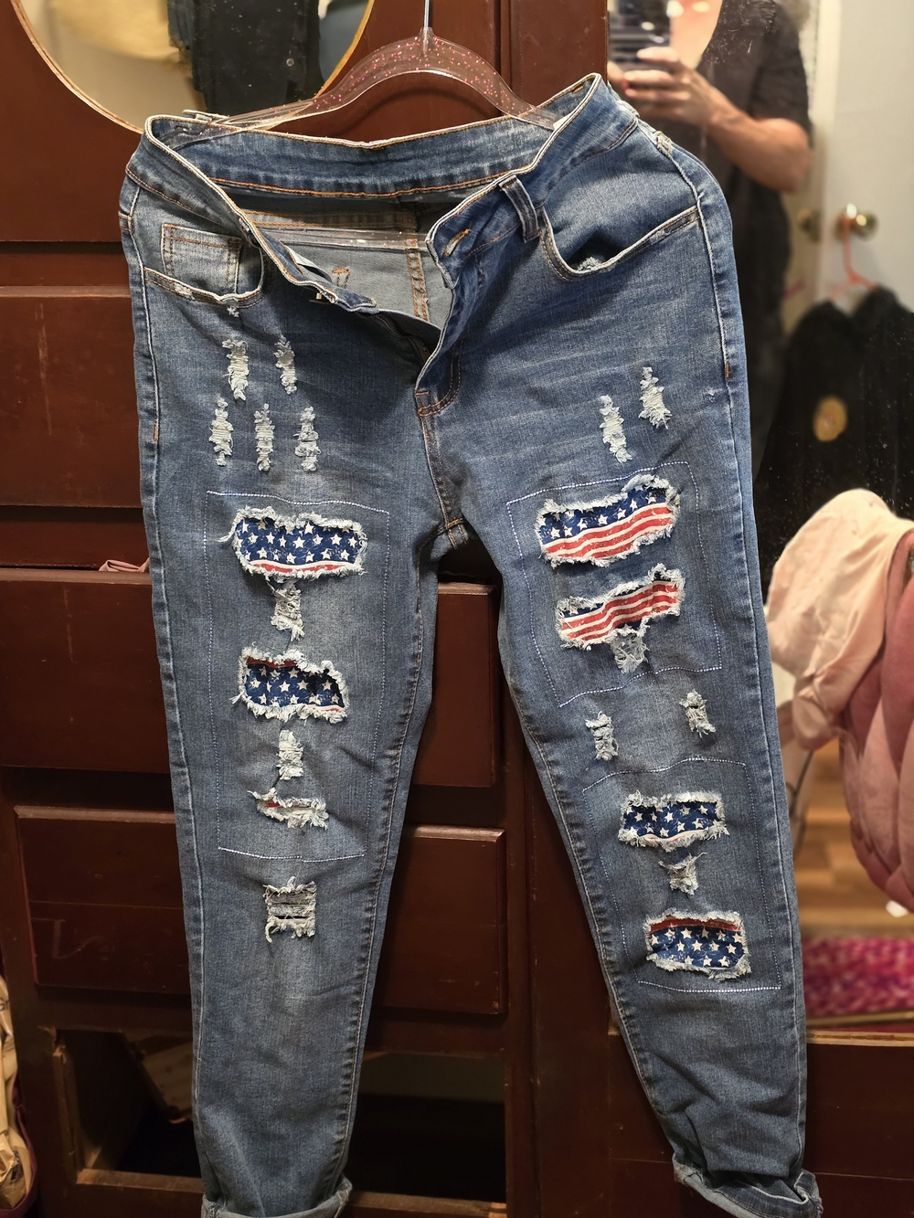 Distressed Flag Patch Women's Jeans - Blue